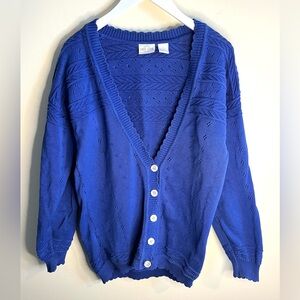 First Issue Vintage Grannycore Royal Blue Cardigan Sweater 100% Cotton